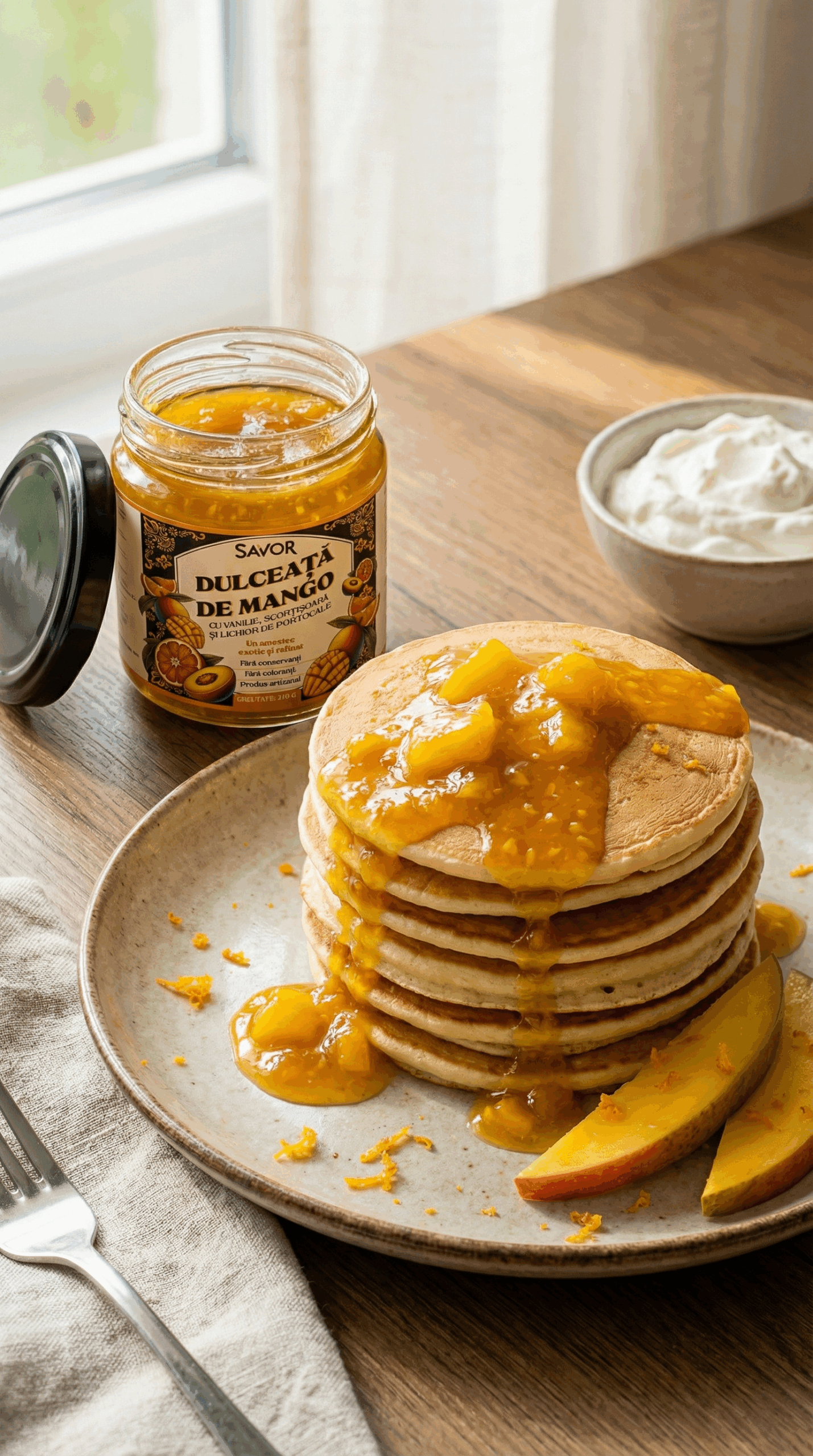 Pancakes cu dulceață de mango